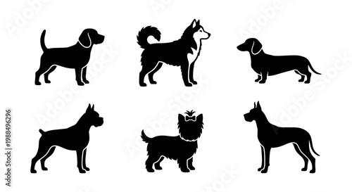 Minimalist dog breed silhouettes, set of 6 black canine icons, flat vector illustrations of beagle, husky, dachshund, boxer, yorkie, and great dane