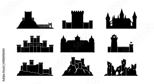 Medieval castle silhouette collection, set of 9 ancient fortress icons, black historic palace and citadel vector shapes for logo design and maps
