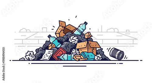 A messy pile of trash with plastic bottles, cardboard boxes, and other debris
