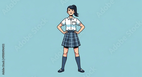 Schoolgirl in uniform standing confidently with hands on hips.