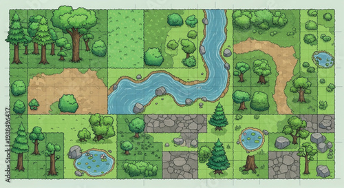 Fantasy RPG map tiles vector set, hand-drawn tabletop game environment kit, green forest landscape with river and stone paths for world building