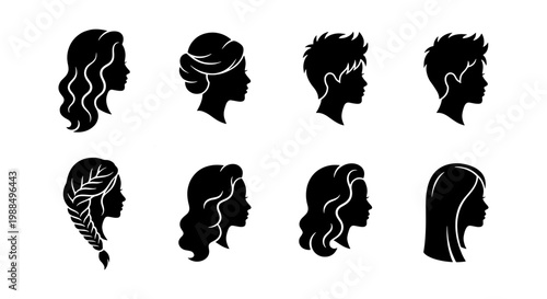 Minimalist female hairstyle silhouette icons, set of 8 woman head profiles with diverse hair types, black vector hair styling salon graphics