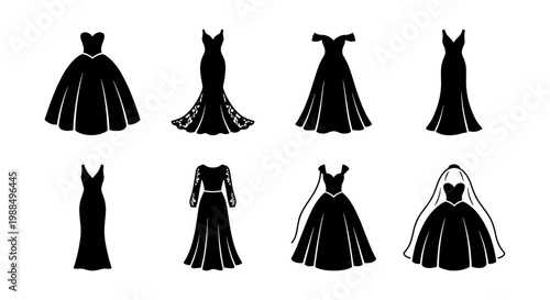 Elegant wedding dress silhouettes, set of 8 bridal gown vector icons, black formal evening dress shapes for fashion design and wedding invitations
