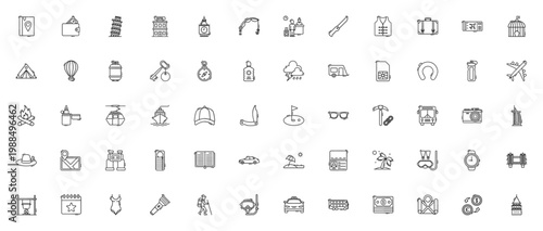 Travel icon set. Vector illustration pack. Includes symbols for guide book, passport, airplane, hotel, camping, beach, taxi, compass, suitcase, camera, map, money and more. Editable stroke.