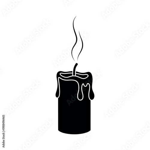 Black Candle Burning with Melted Wax.