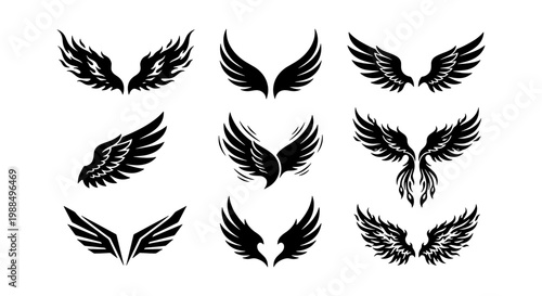 Black wing silhouette icons set, heraldic eagle and bird wings collection, 9 vector wing elements for logo design and tattoo art