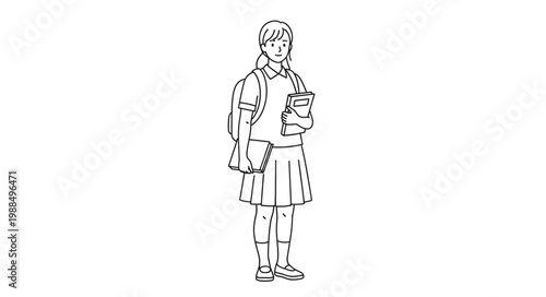 Schoolgirl standing with books and backpack, ready for education.