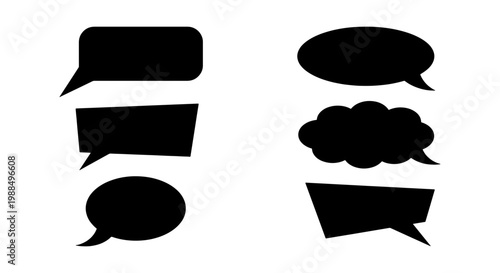 Minimalist black speech bubble silhouettes, set of 6 comic chat icons. Flat vector talk clouds for communication and social media design.