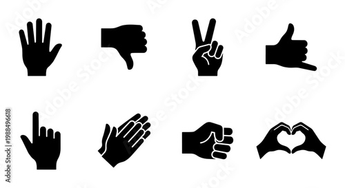 Black hand gesture icons set, 8 flat vector hand signs including thumbs down and peace sign, minimalist human palm and finger silhouettes for web UI