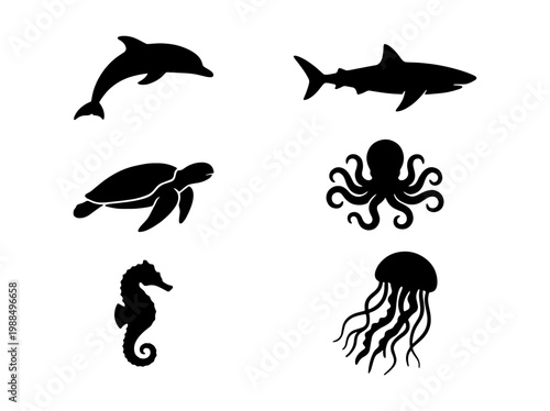 Black sea animal silhouettes collection, 6 marine life vector icons, aquatic creature set with shark, dolphin, turtle, octopus, seahorse and jellyfish