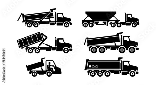 Heavy construction truck silhouettes, set of 6 industrial dump trucks and tipper lorries, black vector icons for logistics and mining machinery
