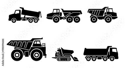 Heavy construction dump truck icons, set of 6 black silhouettes of industrial tipper vehicles, mining and earthmoving machinery vector graphics