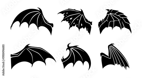 Gothic dragon wings silhouette set, 6 black bat wing vector icons, dark fantasy demon and gargoyle wing elements for tattoo and logo design