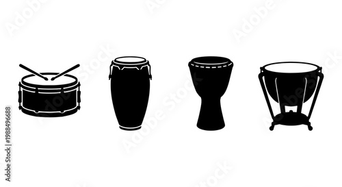 Minimalist percussion instrument icons, black silhouette drum set including snare, conga, djembe and timpani, musical rhythm equipment vector