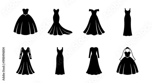 Elegant wedding dress silhouette set, 8 bridal gown vector icons. Formal evening dress collection, black fashion silhouettes for marriage events