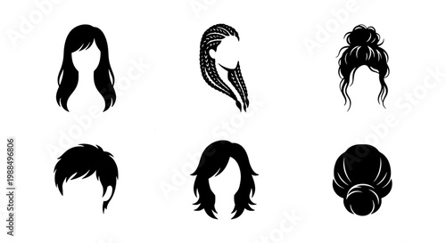 Woman hairstyle silhouette collection, 6 female hair icons set in black vector, diverse feminine haircuts including bun, braids, and long waves