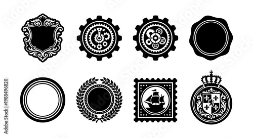 Vintage heraldic badges and steampunk gear icons, set of 8 black vector emblems, ornate frames with crown and laurel wreath for logo design