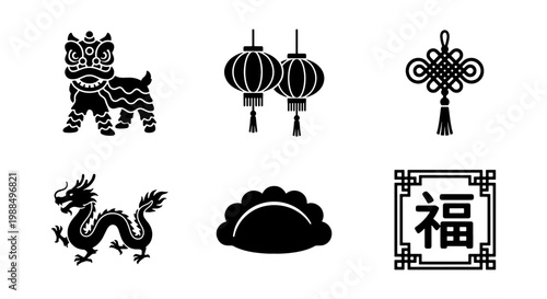 Traditional Chinese New Year icons set, black silhouette Lunar New Year symbols, 6 vector elements including dragon and lion dance
