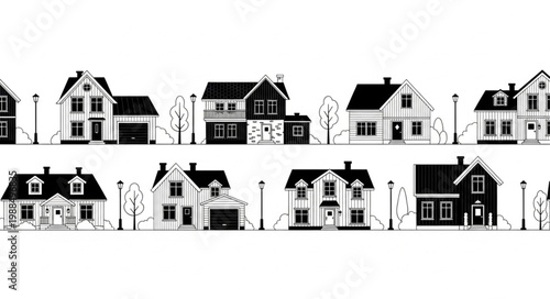 Seamless Pattern of Black and White Houses and Streetlights.