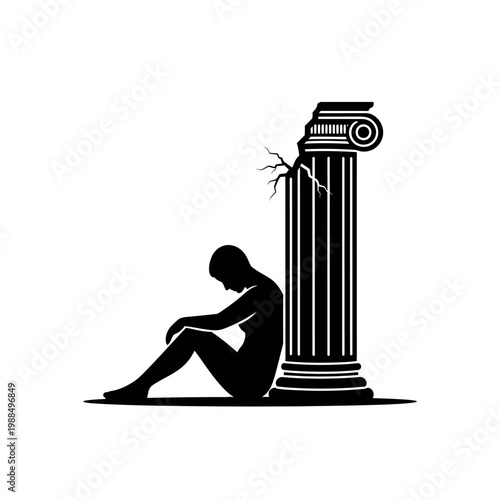 Sad person sitting next to column.