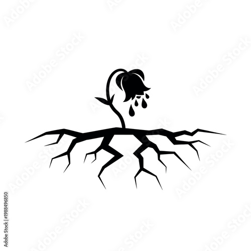 Sad wilting flower with dripping petals and cracked earth roots.