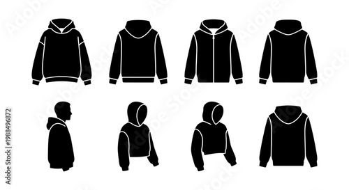 Black hoodie vector mockup set, 8 sweatshirt icons for apparel design, front back and side view hooded jacket templates, streetwear clothing silhouettes