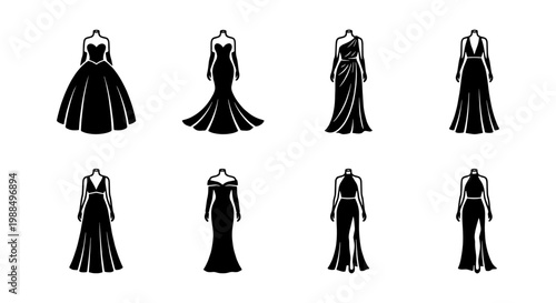 Elegant evening gown silhouettes, set of 8 formal dress vector icons, black wedding and prom dress illustrations for fashion design and bridal boutiques