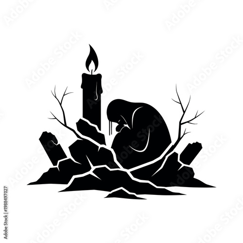 Silhouette of a person in despair next to a candle and barren branches.