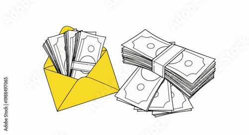 Yellow envelope full of cash next to a stack of money on white background