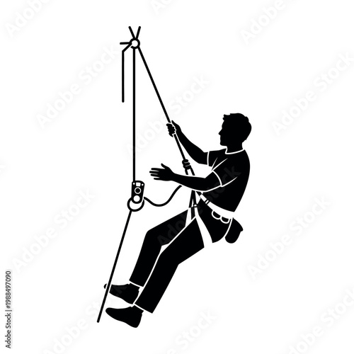 Silhouette of a person rappelling down a rope.