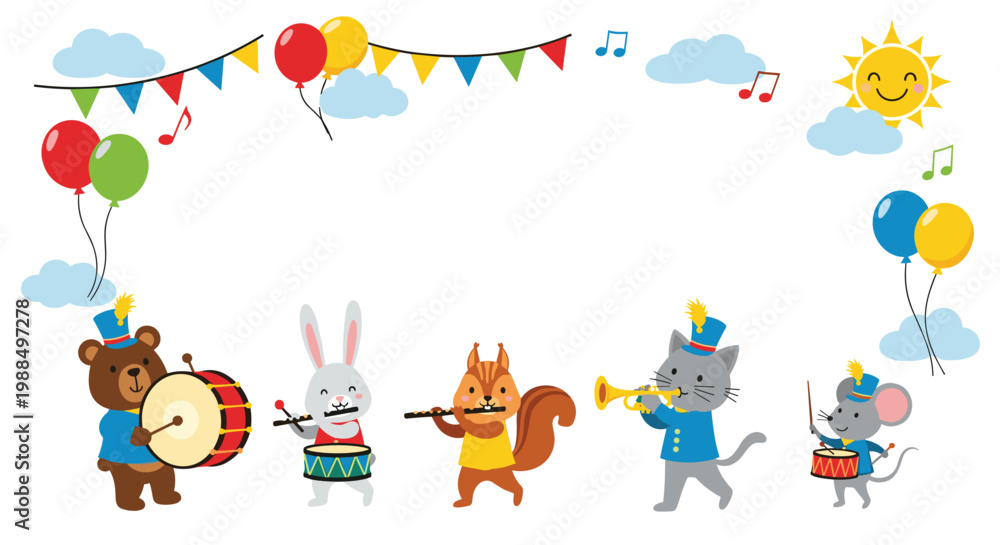 Fototapeta premium Decorative frame featuring bear rabbit squirrel cat and mouse playing musical instruments in a marching band under sun.