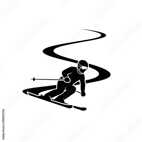 Silhouette of a skier descending a winding slope.