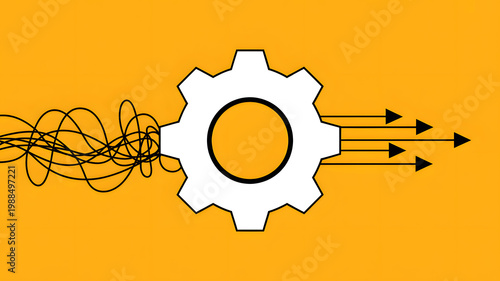 A white gear with black lines and arrows on an orange background on transparent background