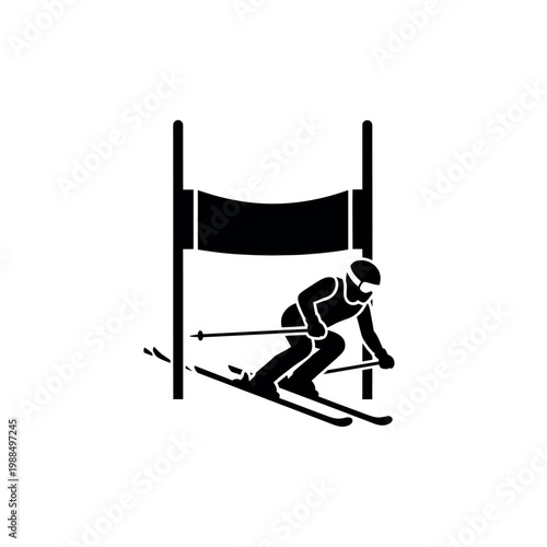 Silhouette of a skier navigating a slalom course with gates.