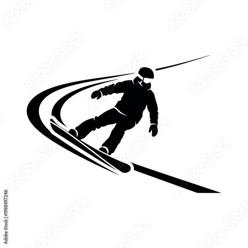 Silhouette of a Snowboarder Carving Down a Snowy Slope.