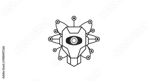 Geometric robotic face with eye and circuits.
