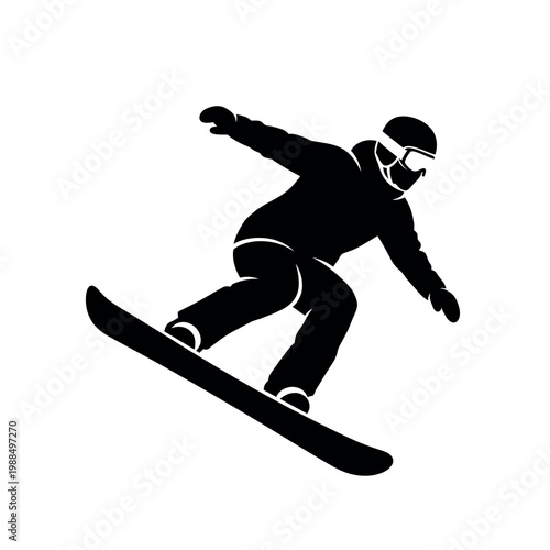 Silhouette of a Snowboarder in Action on a White Background.
