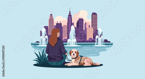 Woman and dog enjoy fountain view in urban cityscape