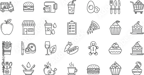 Food and Drink Outline Icons Collection with Fast Food Desserts Beverages and Kitchen Elements Line Art Vector Illustration Set
