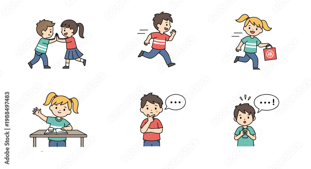 Fototapeta premium Illustration set of children engaged in various daily activities like running playing together studying and using mobile devices.