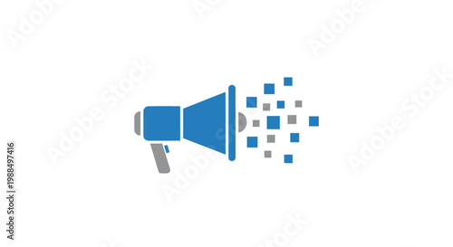 A blue megaphone with sound waves.