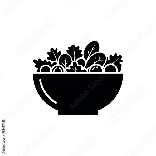 Simple Black and White Icon of a Fresh Salad Bowl.