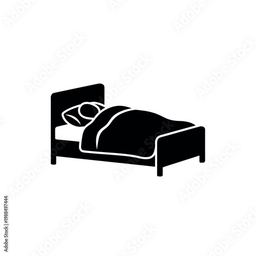 Simple Black Icon of a Bed with Pillow and Blanket.
