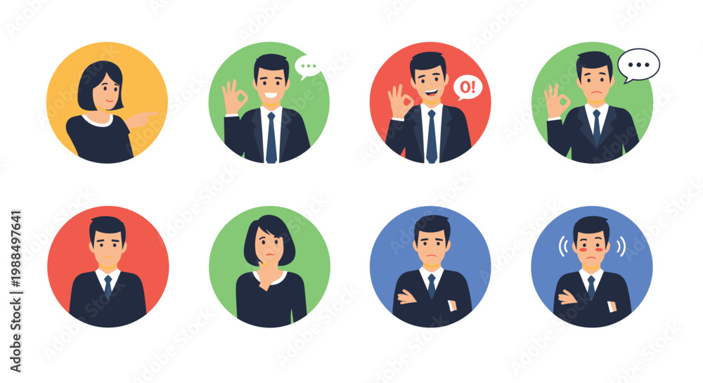 Fototapeta premium Set of professional business character icons in circular frames displaying various emotions and gestures for communication and feedback.