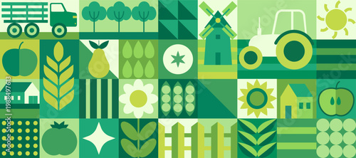 Agriculture concept. Geometric agro nature bio field background, abstract eco agronomy with floral leaf. Green flowers, organic plants icon mosaic, harvest symbols. Vector banner design