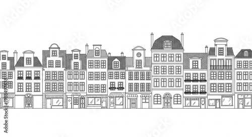 Seamless pattern of European buildings in black and white sketch style.