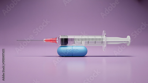 A medical syringe with a red liquid and a blue pill on a purple background on transparent background