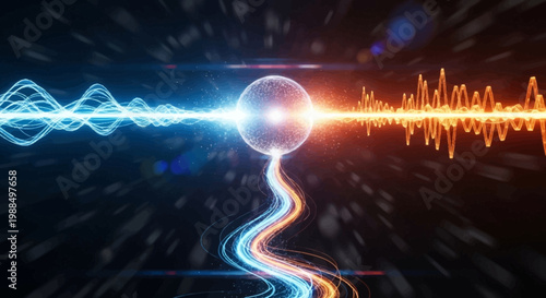 Vibrant sound waves and glowing orb.