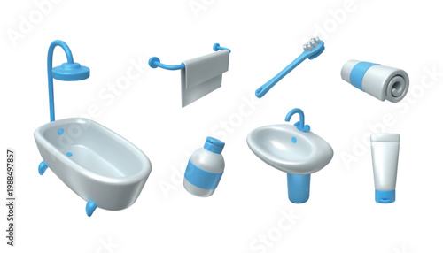 3d clean tools. Toothbrush teeth hygiene sanitary products, shower or bath toiletries, brush, sink with faucet, cleanliness and home care. Vector render cute cartoon household elements set