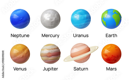 3D planet. Solar system with Mars, Jupiter and Mercury. Astronomy space. Star ring as clay sphere. Earth globe. Galaxy comet. Educational inscription. Vector render cosmic orbs set